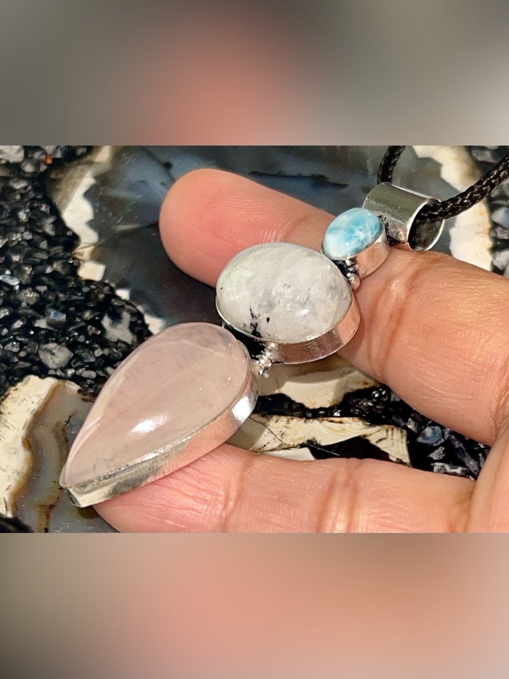 Petite Larimar, Rainbow Moonstone & Rose Quartz Crystal Pendant 2 1/2” - Picture 4 of 17